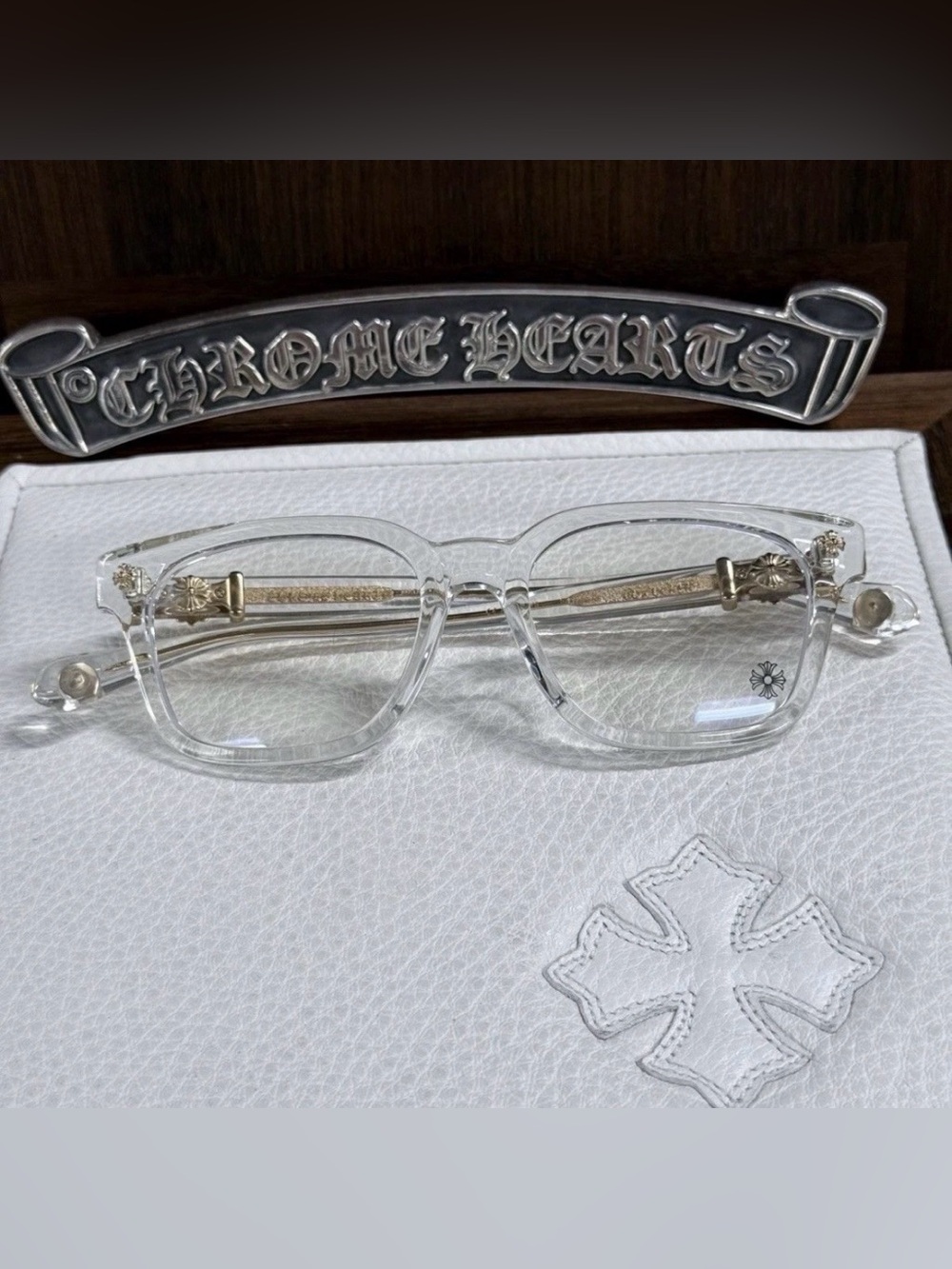 Chrome Hearts Blue Light Clear Frame Glasses with Gold Accents